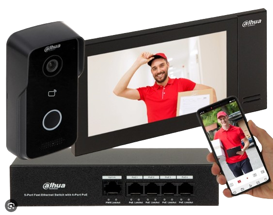 KIT DE VIDEO PORTERO IP DAHU/ MONITOR DE 7 PULGADAS CON MEMORIA EMBEBIDA DE 8GB/ 6&1 E&S DE ALARMA / FRENTE CALLE IP 65/ APERTURA REMOTA/ SOPORTA TARJETAS MIFARE / INCLUIYE SWITCH DE 4 PUERTOS POE