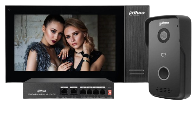 KIT DE VIDEO PORTERO IP DAHU/ MONITOR DE 7 PULGADAS CON MEMORIA EMBEBIDA DE 8GB/ 6&1 E&S DE ALARMA / FRENTE CALLE IP 65/ APERTURA REMOTA/ SOPORTA TARJETAS MIFARE / INCLUIYE SWITCH DE 4 PUERTOS POE