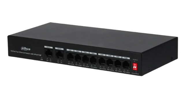 SWITCH POE DAHUA DE 10 PUERTOS FAST ETHERNET/ 8 PUERTOS POE/ 2 PUERTOS UPLINK/ 65 WATTS TOTALES/ SOPORTE POE WATCHDOG/ SWITCHING 2.0 Gbps/ CON PROTECCIÓN DE DESCARGAS.