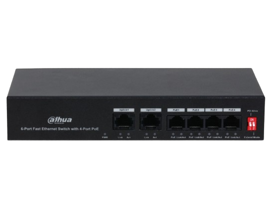 SWITCH POE DAHUA DE 6 PUERTOS FAST ETHERNET/ 4 PUERTOS POE + 2 PUERTOS UPLINK 10/100/ 36 WATTS TOTALES/ SWITCHING 1.2 Gbps/ TASA DE REENVÍO DE PAQUETES .89 Mbps/ CON PROTECCIÓN DE DESCARGAS.