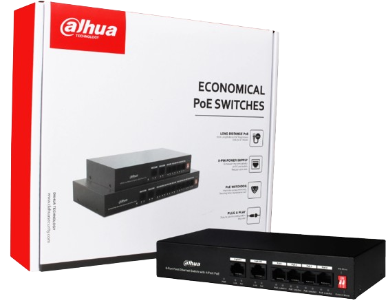 SWITCH POE DAHUA DE 6 PUERTOS FAST ETHERNET/ 4 PUERTOS POE + 2 PUERTOS UPLINK 10/100/ 36 WATTS TOTALES/ SWITCHING 1.2 Gbps/ TASA DE REENVÍO DE PAQUETES .89 Mbps/ CON PROTECCIÓN DE DESCARGAS.