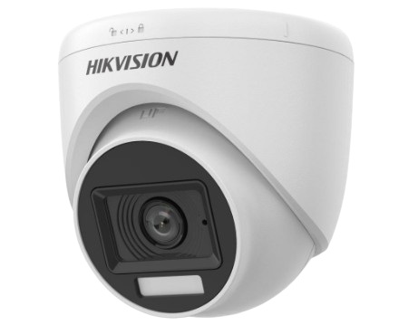 CÁMARA ANÁLOGA TURBO TURRET DOMO DE 2MP. HIKVISION. LENTE 2.8mm/ DOBLE ILUMINACIÓN  LUZ DUAL DE 20 METROS IR + 20 METROS LUZ BLANCA). MICRÓFONO INTEGRADO/ IP67.