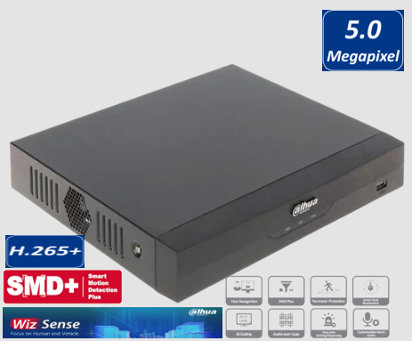 DAHUA DH-XVR5108HS-I3 - XVR O DVR DE 8 CANALES 5MP. LITE. WIZSENSE/ DAHUA. IA/ H.265+/ 8 CANALES HDCVI+4 IP/ HASTA 12 CANALES IP/ 1 CH. DE RECONOCIMIENTO FACIAL/ CODIFICACIÓN IA/ SMD PLUS/ 1CH PROTECCIÓN PERIMETRAL/ 1 BAHÍA PARA DISCO DURO.