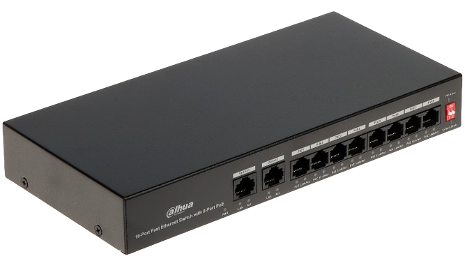 SWITCH POE DAHUA DE 10 PUERTOS FAST ETHERNET/ 8 PUERTOS POE/ 2 PUERTOS UPLINK/ 65 WATTS TOTALES/ SOPORTE POE WATCHDOG/ SWITCHING 2.0 Gbps/ CON PROTECCIÓN DE DESCARGAS.